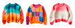 Colorful three wool knit sweaters over isolated white transparent background