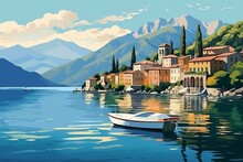 Lake Como Italy Vector Illustration, Suitable For Poster, Postcard, Art Print, Card. Generative AI