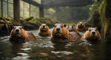 some beavers swimming in front of a beaver dam in the in water in a zoo. Generative AI.