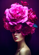 Beautiful woman in profile with pink flowers on her head on a dark conceptual background for frame