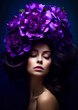 Brunette with purple flowers on her head on a dark conceptual background for frame