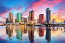 Downtown Tampa Skyline On Bay At Dawn. Generative AI