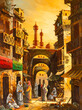 © VIS Fine Arts - Vintage oil painting depicting an ancient Middle Eastern marketplace, possibly set in Cairo, Egypt, with stalls and an array of merchandise evoking the spirit, and nostalgic essence of days gone by.