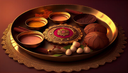 Wall Mural - Beautifully decorated Thali for diwali worship celebration background, Ai generated image