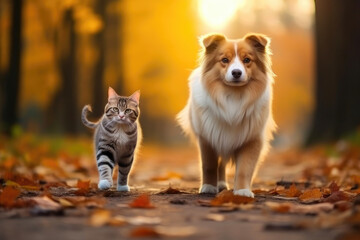 Autumn's Harmony: Cat and Dog Enjoying a Trail