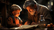 Grandfather teaches his grandson how to read, grandfather reads a story to his grandchild