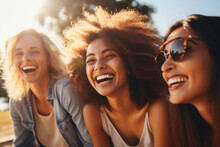 Three Women Friends Laughing Together In The Park
