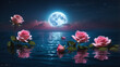Beautiful pink roses blooming in the ocean with full moon in the background - AI Generative