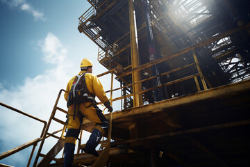 Offshore oil rig worker climbing ladder on board of offshore oil rig