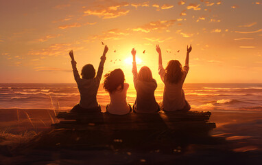 four people sitting at the beach raising their arms