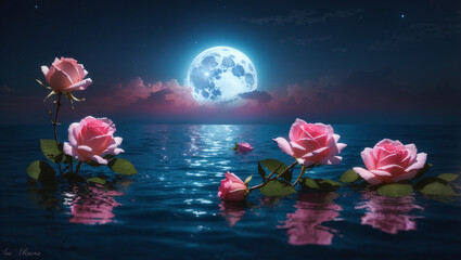 Wall Mural - Beautiful pink roses blooming in the ocean with full moon in the background - AI Generative