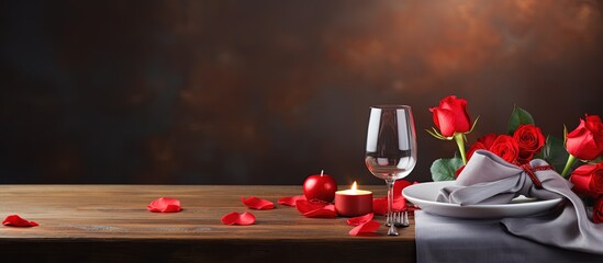 Poster - Valentine s day table with romantic dinner and decorations Greeting card Menu social media Side view copy space