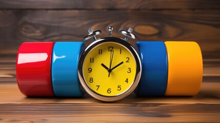 Canvas Print - A colorful alarm clock sits on top of a stack of colorful cups, AI