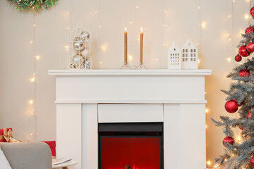 Sticker - Interior of festive living room with fireplace and glowing lights