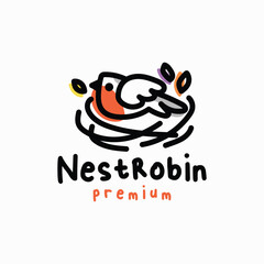 Sticker - robin bird nest quirky playful outline cartoon logo vector icon illustration