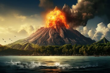 Wall Mural - Mesmerizing Erupting volcano top view. Heat rock. Generate Ai