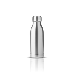 Wall Mural - Vector Realistic 3d Steel, Silver or Chrome Blank Glossy Metal Reusable Water Bottle with Silver Bung Closeup Isolated on White Background. Design template of Packaging Mockup. Front View