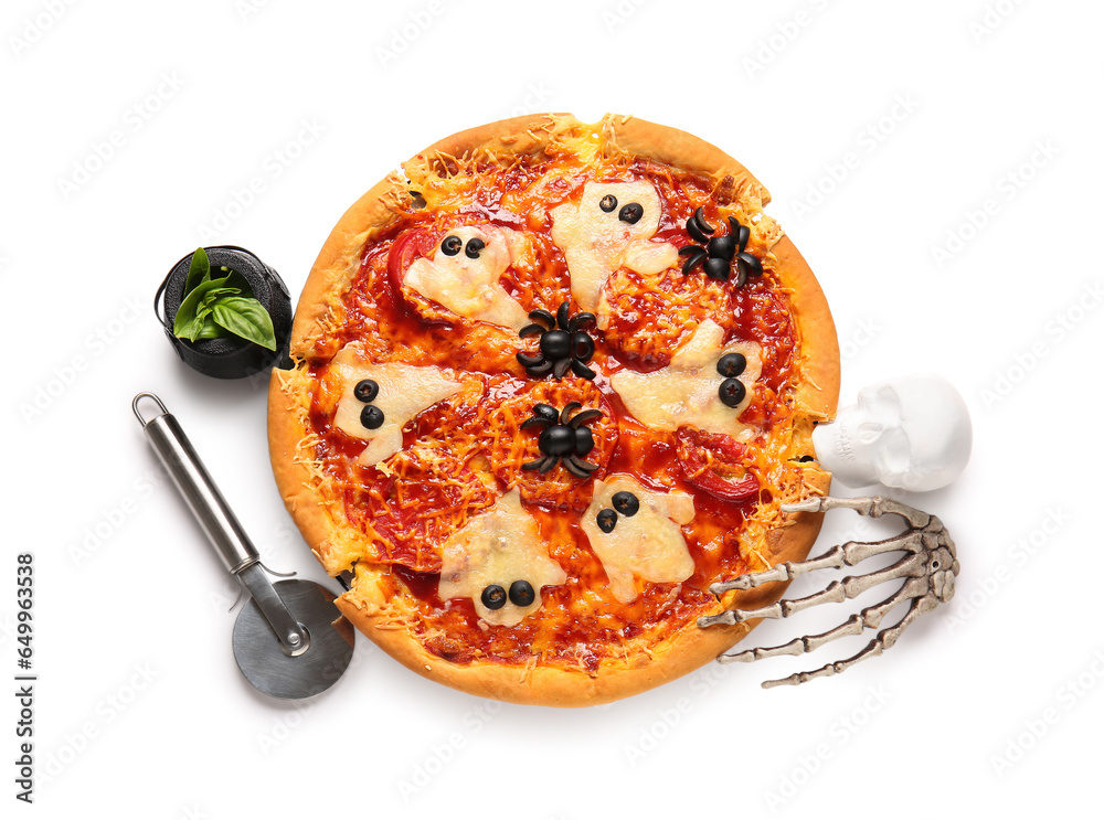 Tasty pizza for Halloween celebration on white background
