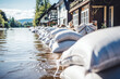 Full line of flood protection sandbags protecting houses from water, flood emergency