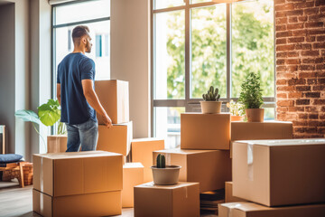 Wall Mural - Young student moving out of the apartment, moving boxes all around