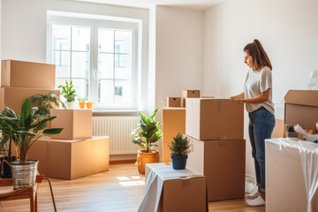 Young student moving out of the apartment, moving boxes all around