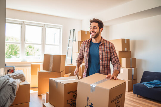 Young student moving out of the apartment, moving boxes all around