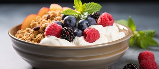 Sticker - Close up view of a nutritious breakfast bowl with yogurt granola peach and berries