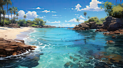 Wall Mural - painting style illustration of beautiful peaceful tropical ocean lagoon banner background wallpaper