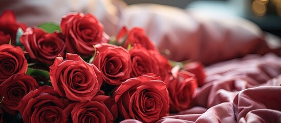 Wall Mural - Valentine s Day themed background featuring red roses on bed with white blanket close up