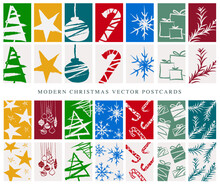 Modern Christmas Ornaments Postcard Set, Tree, Stars, Ball, Candy Cane, Snow Flake. Primary Colors, Red, Blue, Green