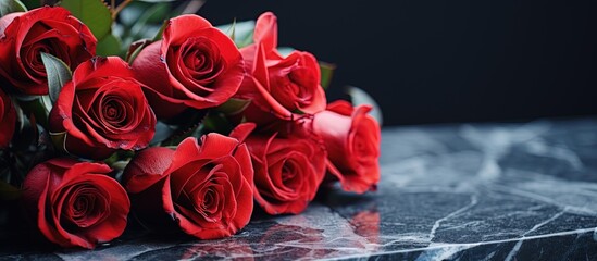 Wall Mural - Outdoor funeral ceremony with space for text on black granite tombstone and red roses