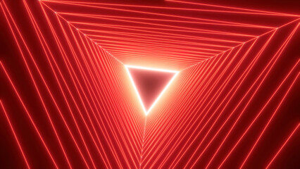 Poster - Abstract flight in a futuristic corridor with triangles. Motion. Fluorescent colorful laser neon lines, geometric endless tunnel.