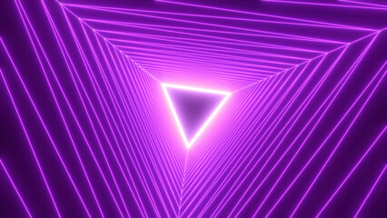 Poster - Abstract flight in a futuristic corridor with triangles. Motion. Fluorescent colorful laser neon lines, geometric endless tunnel.