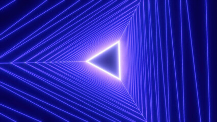 Poster - Neon triangles, abstract neon background, flight forward through triangular corridor. Motion. Appearing glowing lines, ultraviolet spectrum.