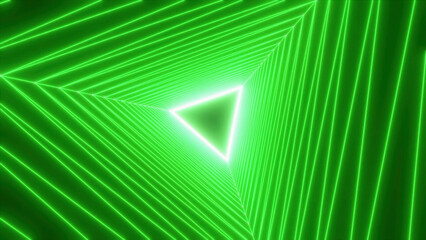 Poster - Neon triangles, abstract neon background, flight forward through triangular corridor. Motion. Appearing glowing lines, ultraviolet spectrum.