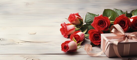 Wall Mural - Valentine s Day celebration with gift boxes roses and table for text space