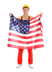 Poster - Mature worker with USA flag on white background. Labor Day celebration