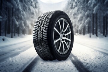 Wall Mural - New car tires on the snow. Background with selective focus and copy space