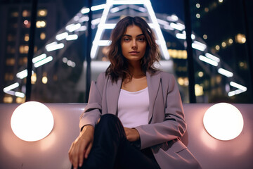 Wall Mural - An attractive woman dressed in classic clothes on f the roof terrace with night city background