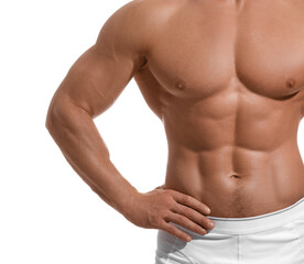 Poster - Muscular man showing abs isolated on white, closeup. Sexy body