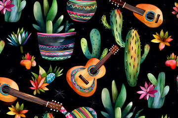 pattern Cinco de Mayo, watercolor drawing, guitar, cactus with flowers, black background, generative AI