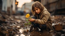 A Child In A Vacant Lot Behind A Poor Or War Torn Area, Finding A Flower Growing. Generative AI. 