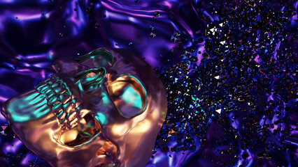 Poster - Purple background with a large skull. Design. Bubbles that envelop a large rotating skull in abstraction.