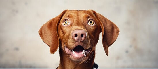 Canvas Print - Hungarian vizsla sticking out tongue amusing presentation on white backdrop