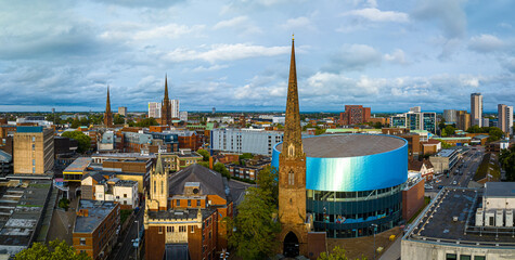 Aerial view of Coventry, a city in central England known for the medieval Coventry Cathedral and statue of lady Godiva