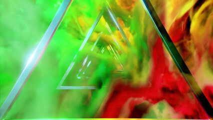 Fototapete - Triangular tunnel with colorful clouds. Design. Surreal world of clouds and metal silhouettes of figures.