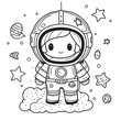 Cute Astronaut, black and white coloring page for kids and adults , line art, simple cartoon style, happy cute and funny