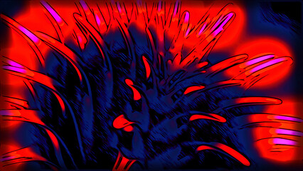 Poster - 3D animation of moving neon spikes. Design. Bright glowing spikes move in circle. Abstract opening flower with thorns