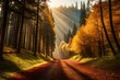 Autumn forest nature. Vivid morning in colorful forest with sun rays through branches of trees. Scenery of nature with sunlight  3d render