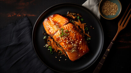 salmon with garlic and sesame, salmon, deep-fried, generated by ai